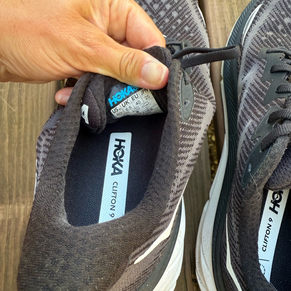 Hoka Clifton 9 Black and White Athletic Shoes - Picture 10 of 10